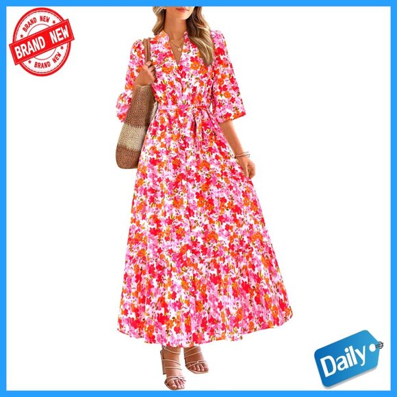 Dresses & Skirts - Floral Boho Maxi Dress with V-Neck and Puff Sleeves, Button Front, Tiered Skirt